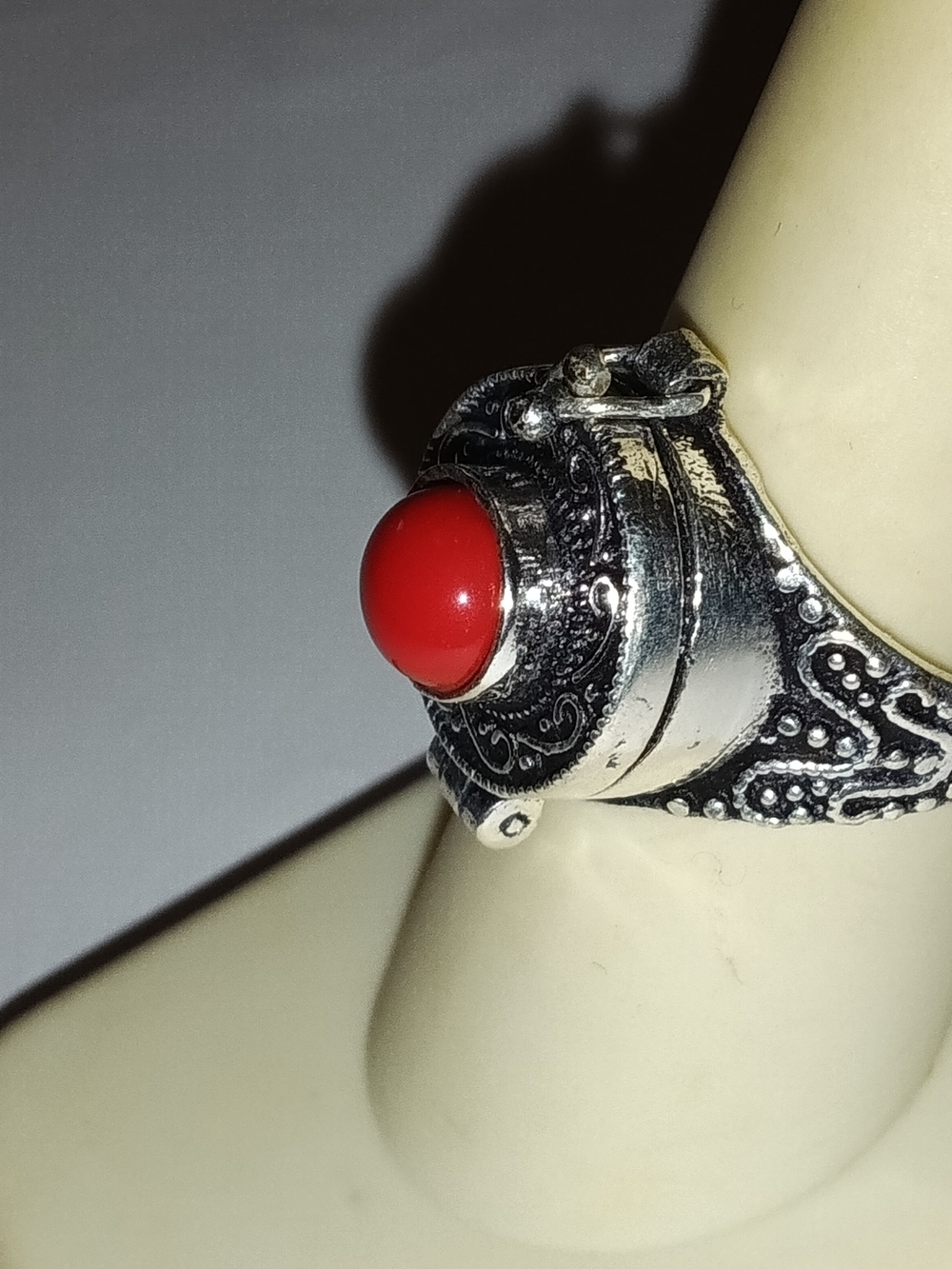 Sterling-Style Silver Ring with Red Cabochon